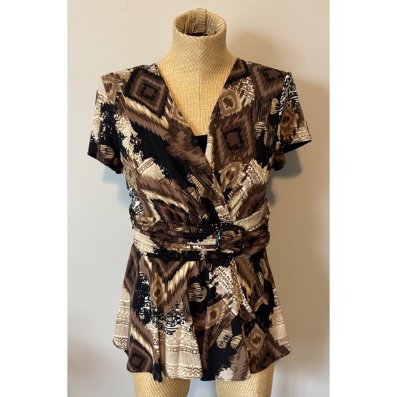 R&M Richards Tops - Vintage Y2K R&M Richards Top Women's 10 Printed Belted Flowy‎ Babydoll Brown